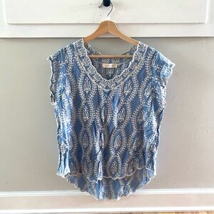 Solitaire Sleeveless Blouse Embroidered Blue White Size Small Boho